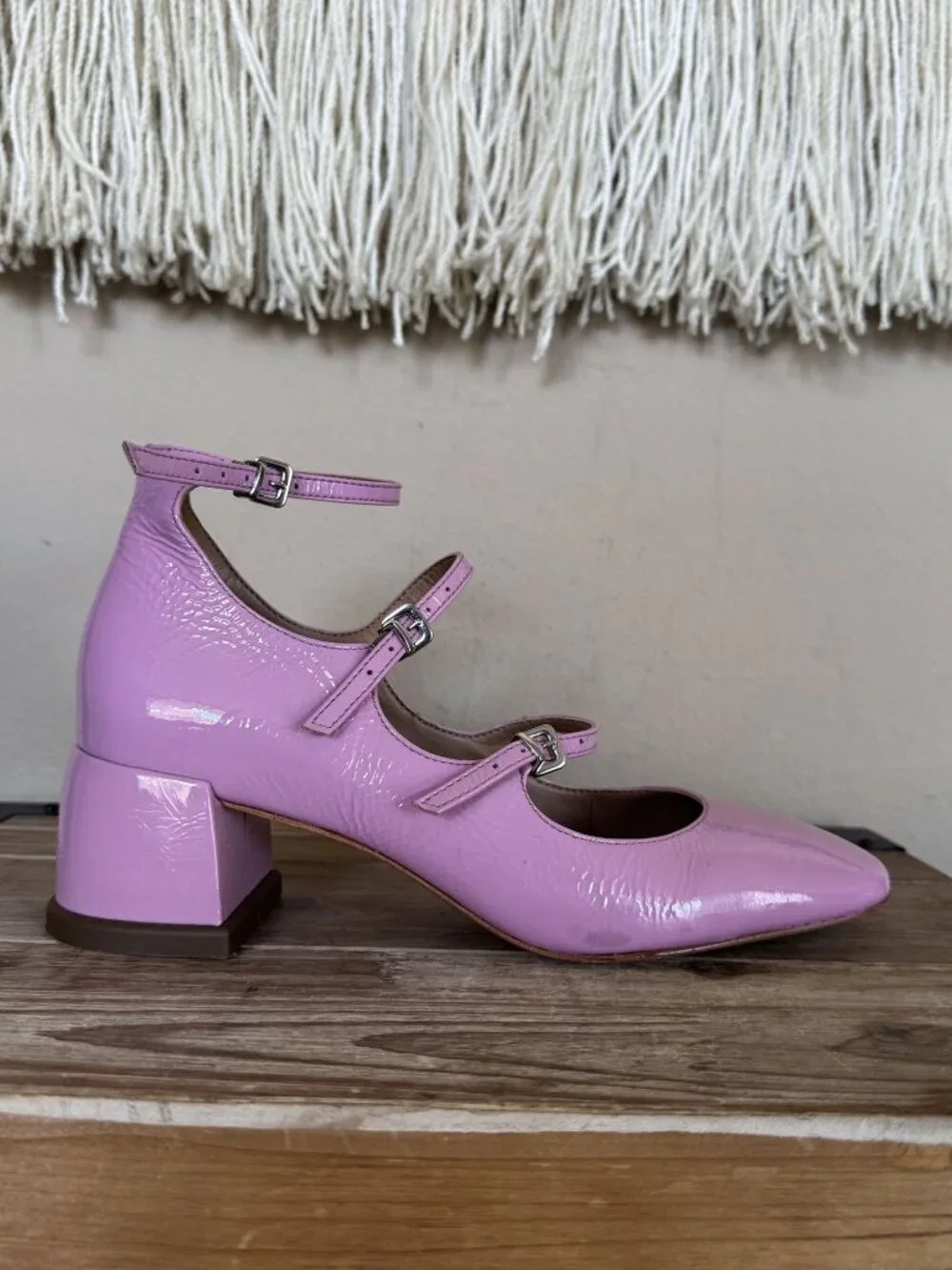 Anthropologie Vincenza Pink Patent Leather Triple Strap Mary Jane Block Heels 6